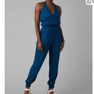 Prana Navy Blue Crinkled Gauze Halter Wrap Jumpsuit Romper M Yoga